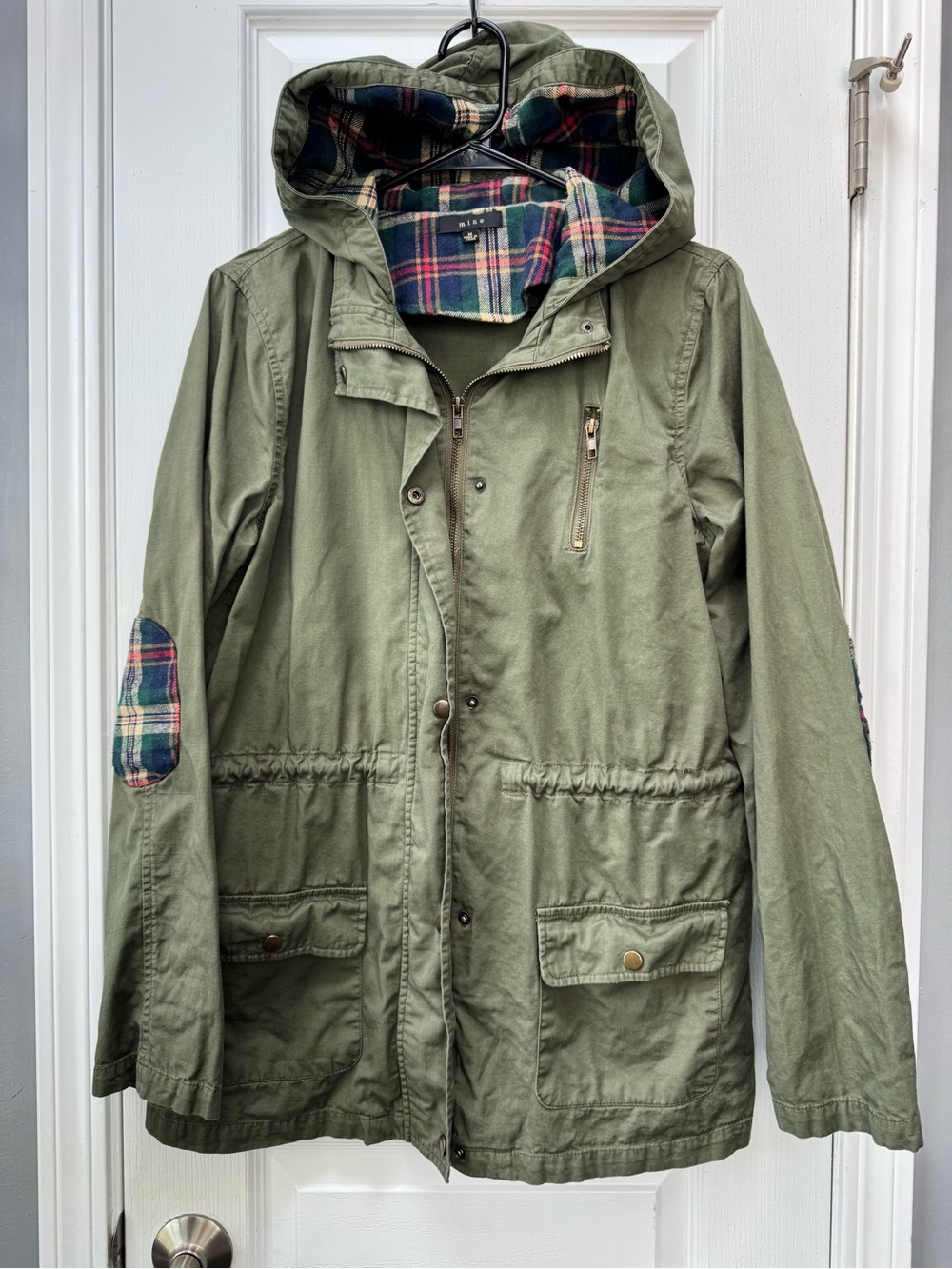 mine Olive Green Hooded Utility Jacket with Plaid Lining and Elbow Patches
